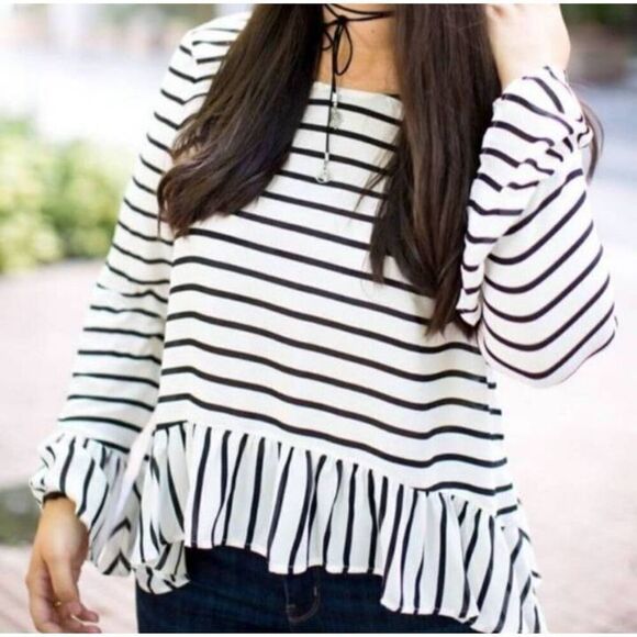 A.N.A A NEW APPROACH BLACK & WHITE STRIPE RUFFLE BLOUSE SZ.M NWT. - Picture 1 of 6